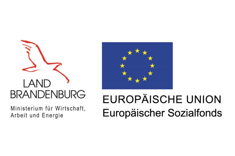 Logos des Ministerium Wirtschaft, Arbeit und Energie des Landes Brandenburg und die EU-Flagge mit Schriftzug EU Sozialfond