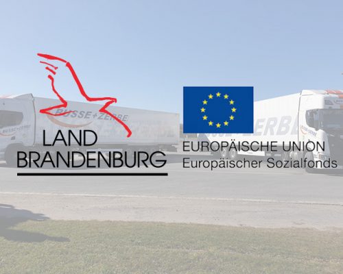 Logos des Ministerium Wirtschaft, Arbeit und Energie des Landes Brandenburg mit einem rot umrandeten Adler oberhalb und die EU-Flagge mit Schriftzug des EU Sozialfonds